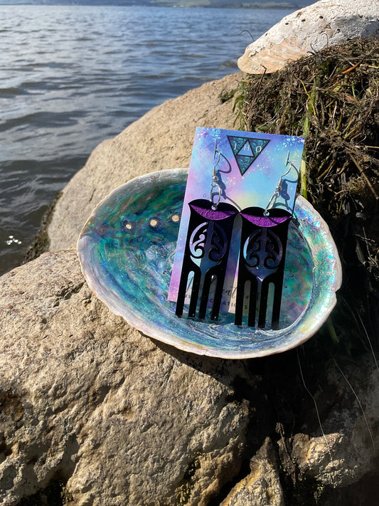 Hinekauorohia Black/Purple cut-infill earring